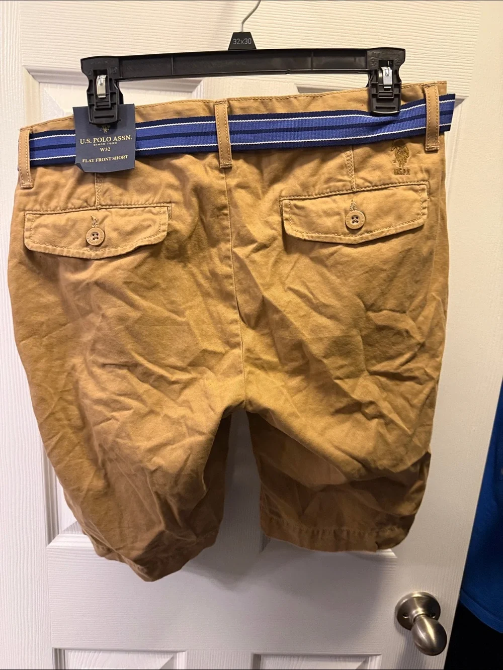 U.S. Polo Assn. Tan Cotton Chino Shorts with Blue Striped Belt